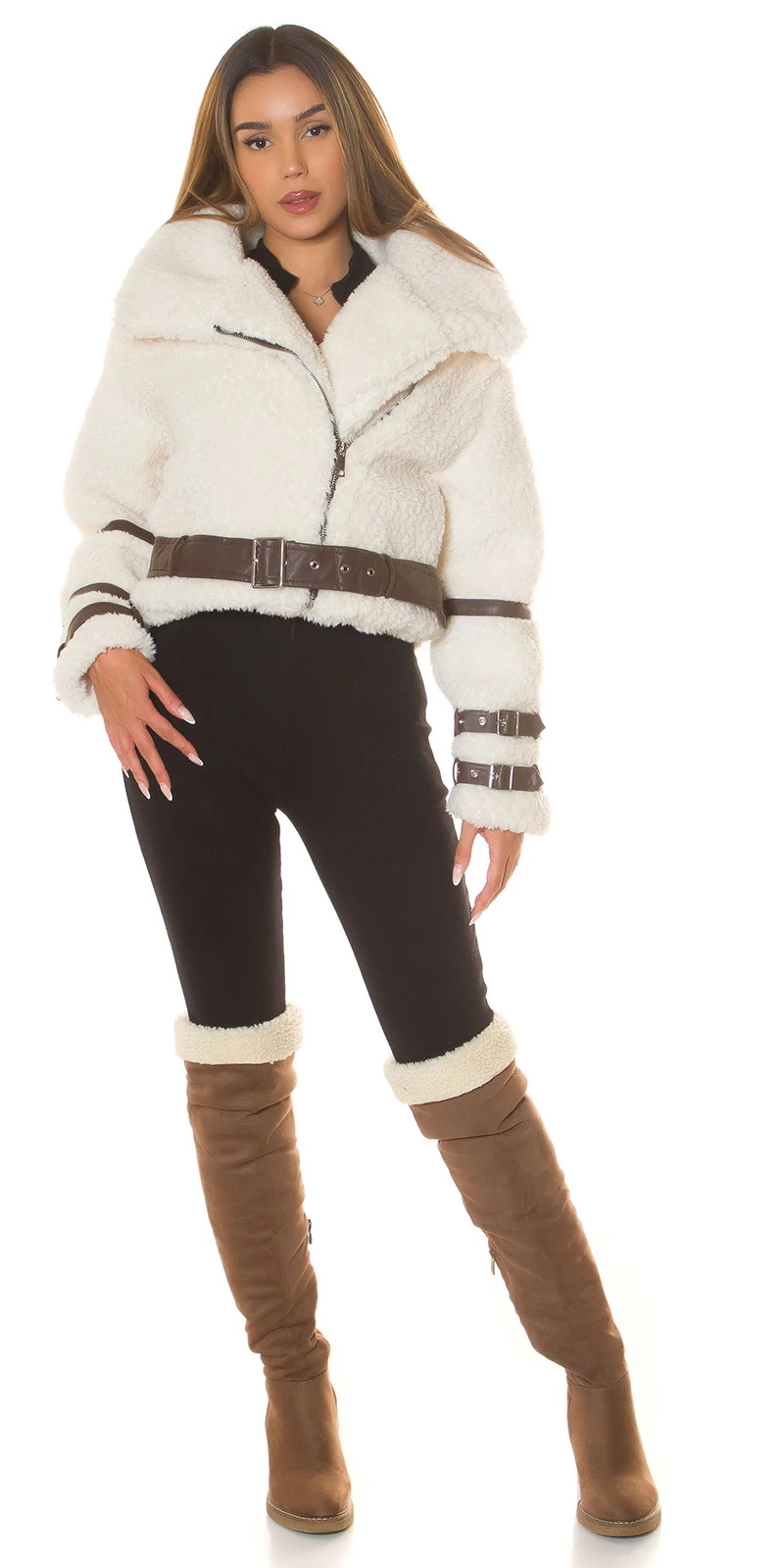 Teddyfell Jacke Winterjacke Kurz Kunstfell Teddyjacke mit Kunstleder Schnallen-Details und Kragen Teddyfell Jacke Winterjacke Kurz Kunstfell Teddyjacke mit Kunstleder Schnallen-Details und Kragen