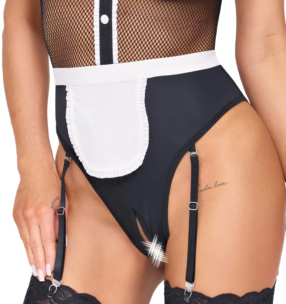 Strapsbody ouvert Servier-Style mit Schürze, sexy Dessous Set rückenfrei, Netz, offene Schritt, abnehmbare Strapse Cottelli COSTUMES