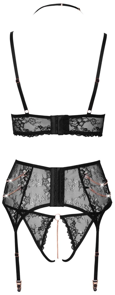 Abierta Fina Bralette, Strapsgurt und Slip ouvert, geschlitzten Cups, Strapsgurt in Schnüroptik