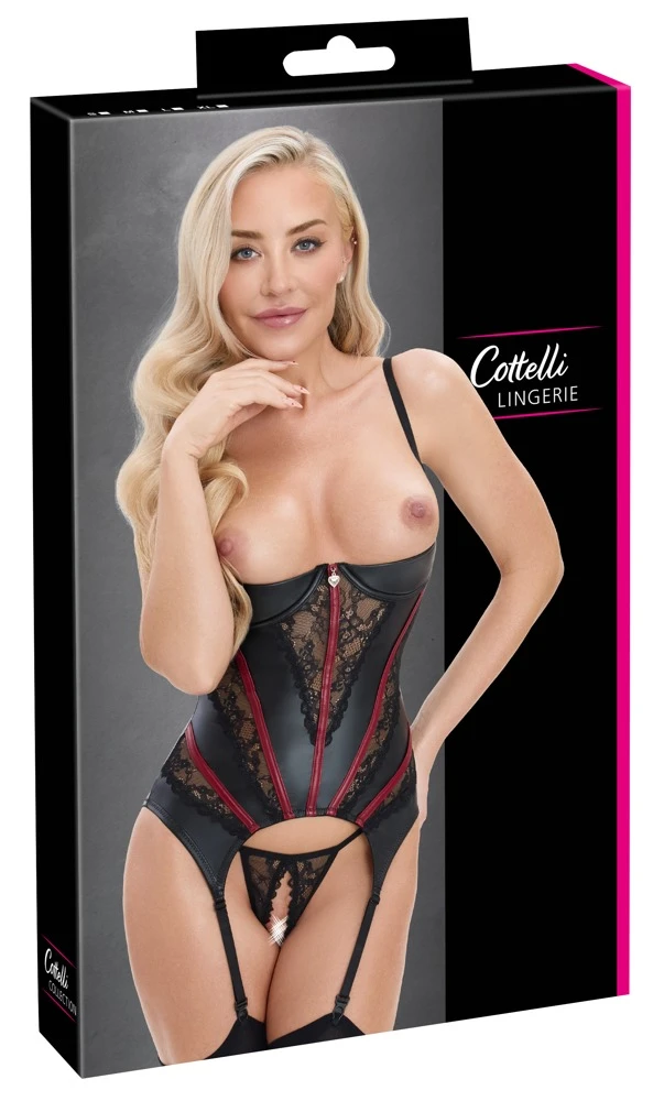 Dessous Set Hebe-Strapshemd & Ouvert-String Cottelli LINGERIE schwarzer Mattlook Spitze rote Streifen Bügelcups