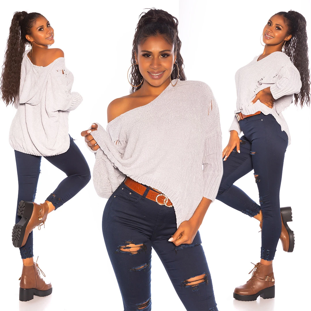 Used Look Crop Grobstrick Vokuhila Pullover mit Kapuze Used Look Crop Grobstrick Vokuhila Pullover mit Kapuze