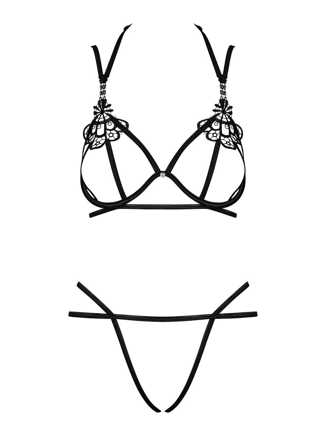 Elastisches Crotchless Dessous Set mit offenen Bügelcups