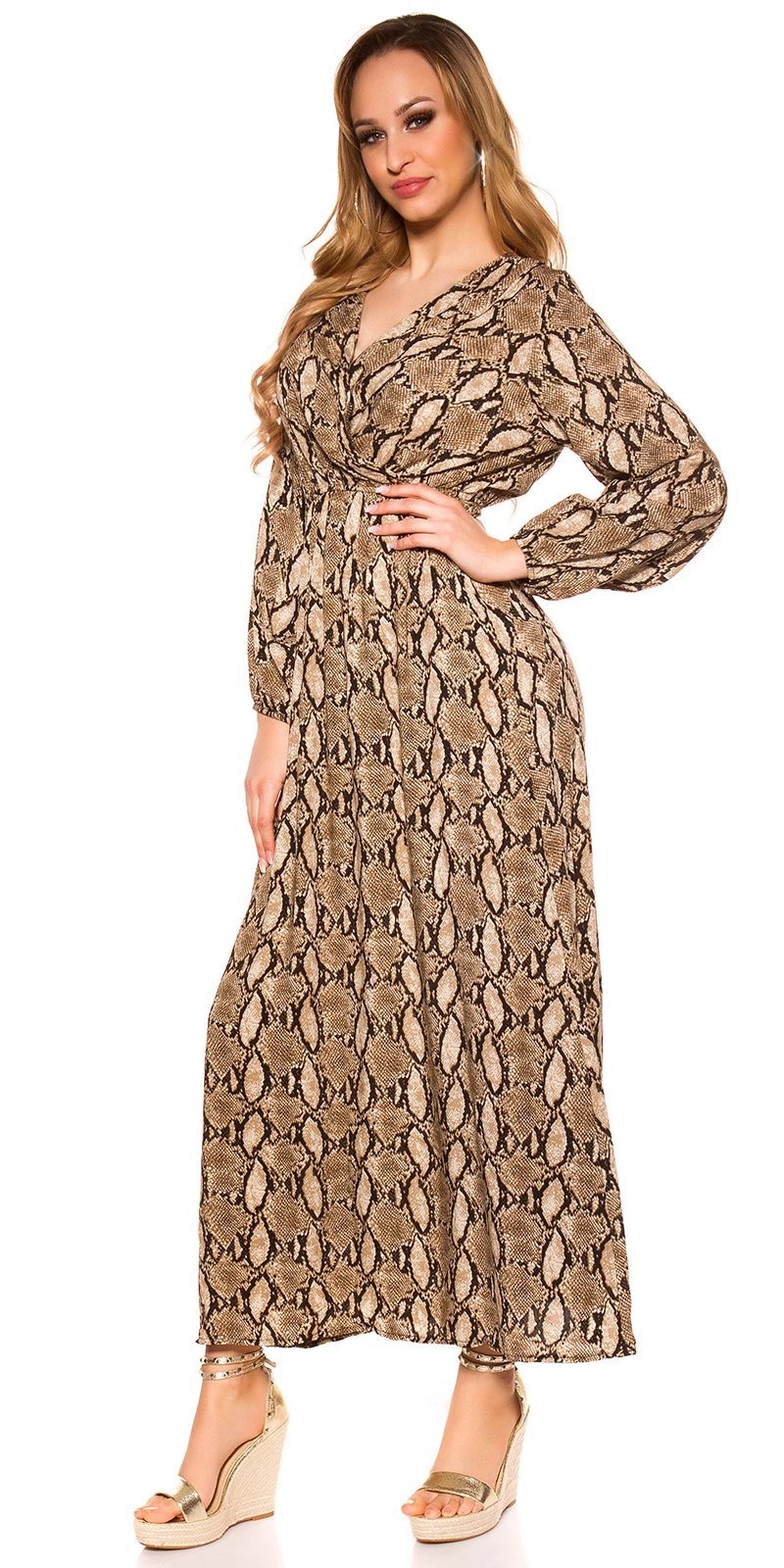 Maxi Kleid Schlangen Print Wickel V-Neck Langarm Maxi Kleid Schlangen Print Wickel V-Neck Langarm