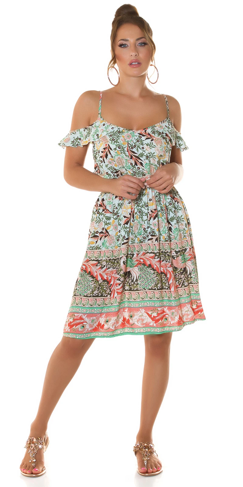 Printed Cold Shoulder Sommer Midi Viskose Kleid Printed Cold Shoulder Sommer Midi Viskose Kleid