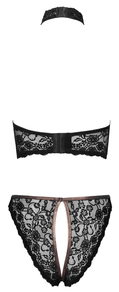 Cottelli LINGERIE Ouvert Reizwäsche Set mit Hebe-BH & offenem Slip aus Spitze, roségoldenen Details und funkelnden Strass-Akzenten