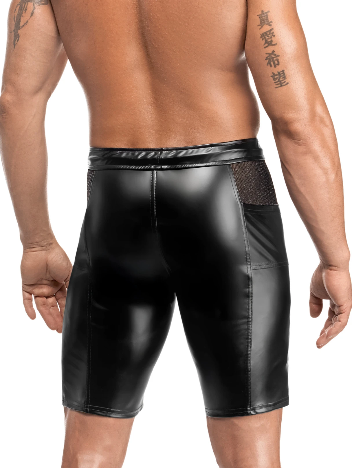 Schwarze Herren Kinky Shorts Onyx Hybrid H089 aus Powerwetlook mit Mesh-Einsätzen, seitlichen Taschen, Reißverschluss vorne, elastischem Bund und Kordelzug für figurbetonten Sitz von Noir Handmade Men
