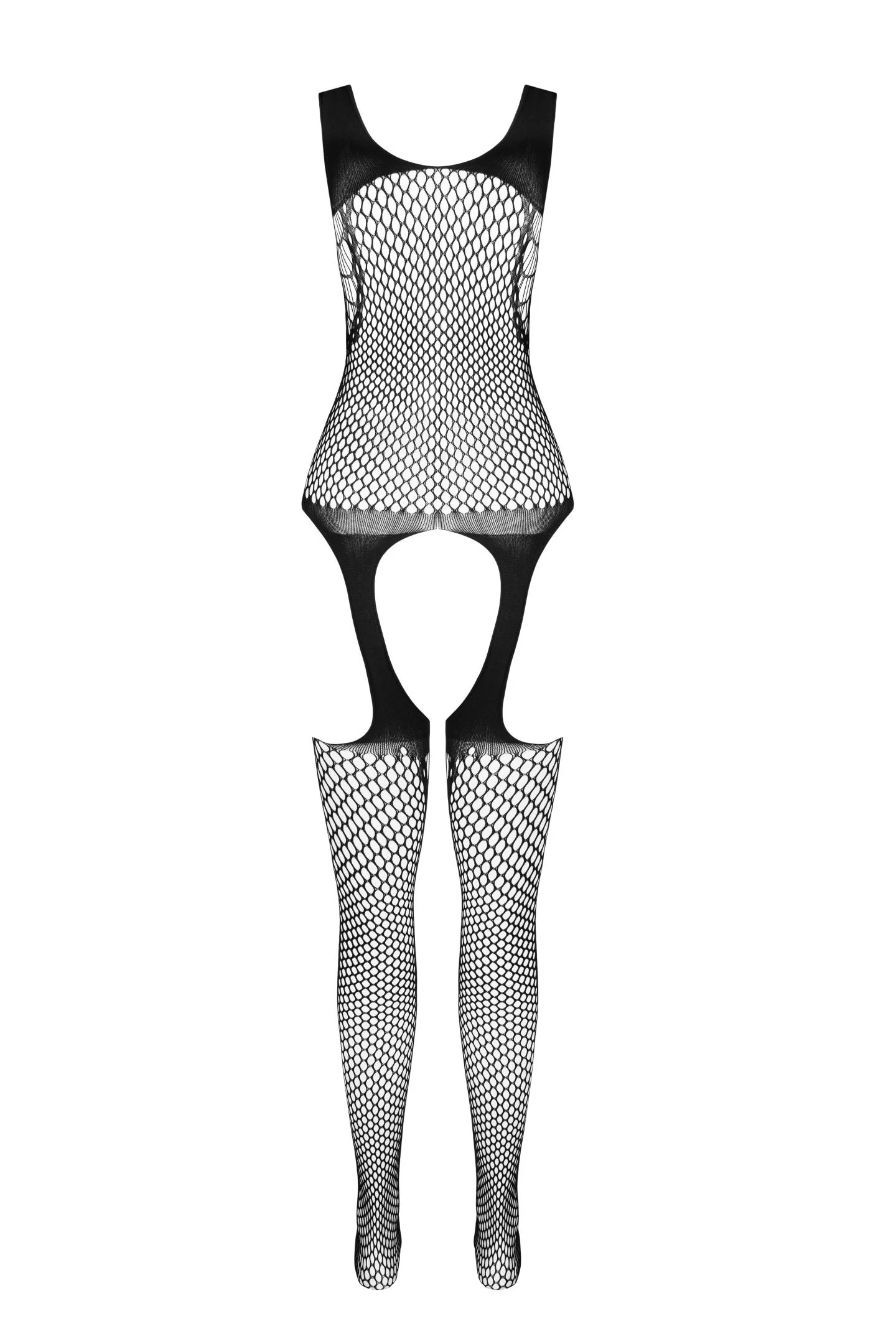 Ouvert schwarzer Bodystocking BS104, Schwarzer Catsuit aus elastischem Netzmaterial mit offenem Schritt und Strumpfhalter-Optik