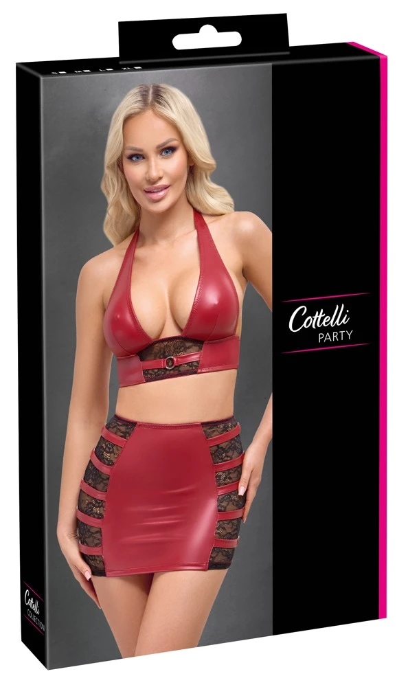 Cottelli PARTY Wetlook Set mit Bauchfreiem Neckholder Top und engem Minirock mit Spitzen Verzierung Cottelli PARTY Wetlook Set mit Bauchfreiem Neckholder Top und engem Minirock mit Spitzen Verzierung