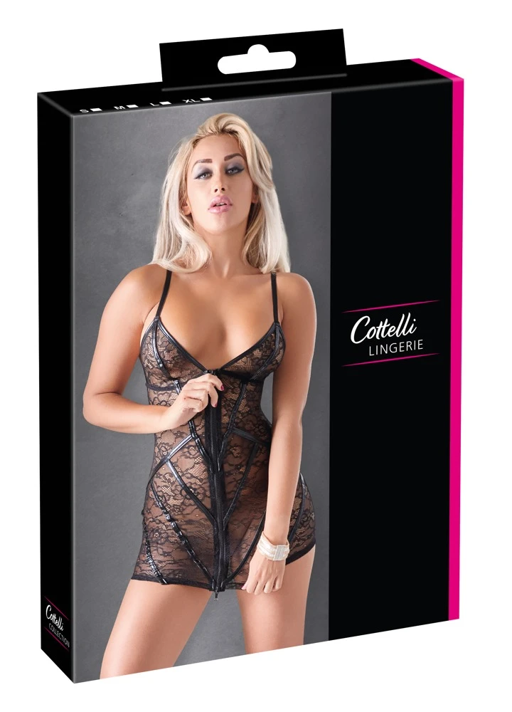 Cottelli LINGERIE transparentes Kleidchen aus Spitze mit Wetlook-Streifen