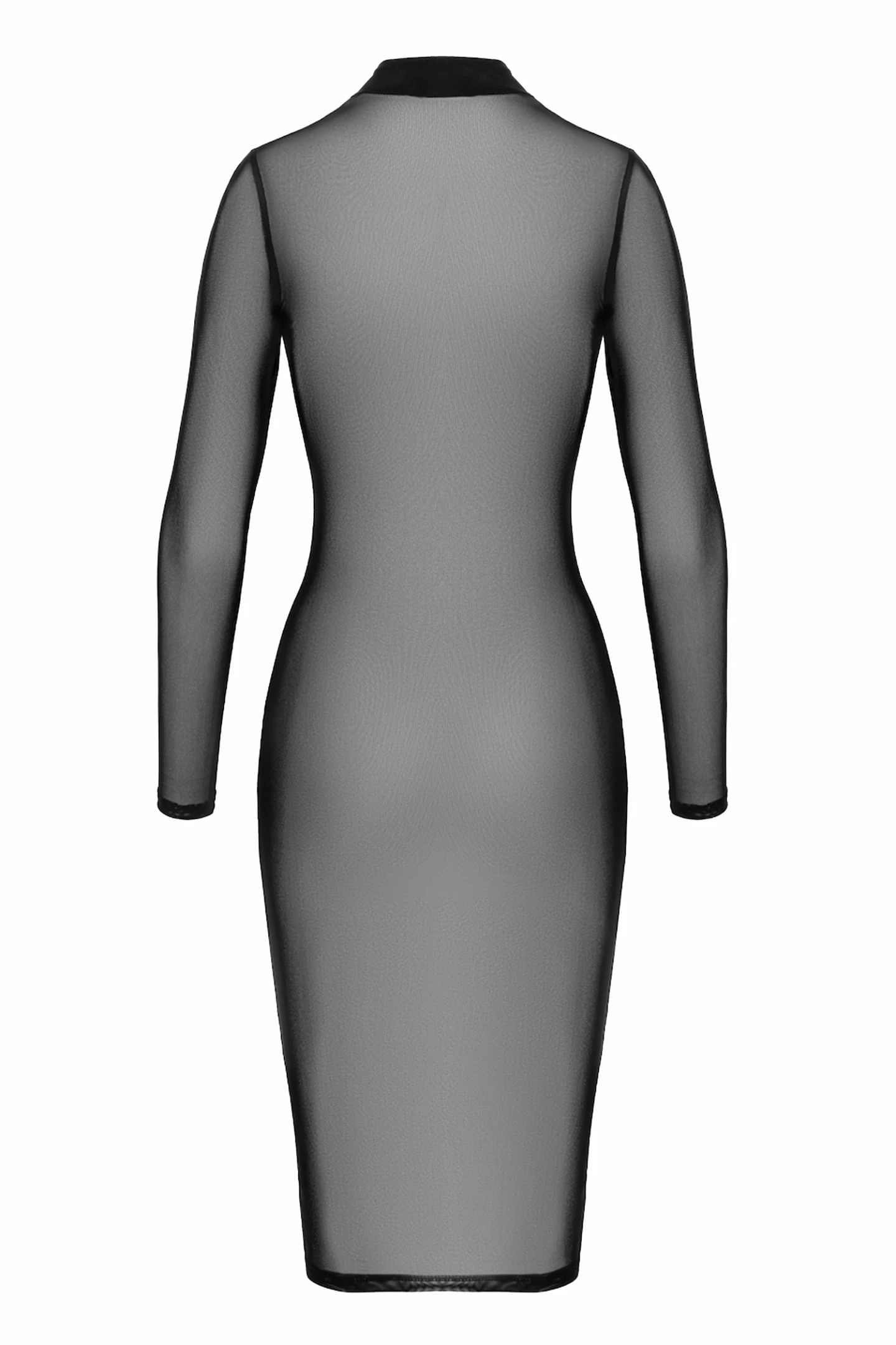 F347 halblanges Kleid aus feinem Netz, Knielanges Netzkleid mit 2-Wege-Reißverschluss, langen Ärmeln, Transparentes Feines Netz Stehkragen Kleid