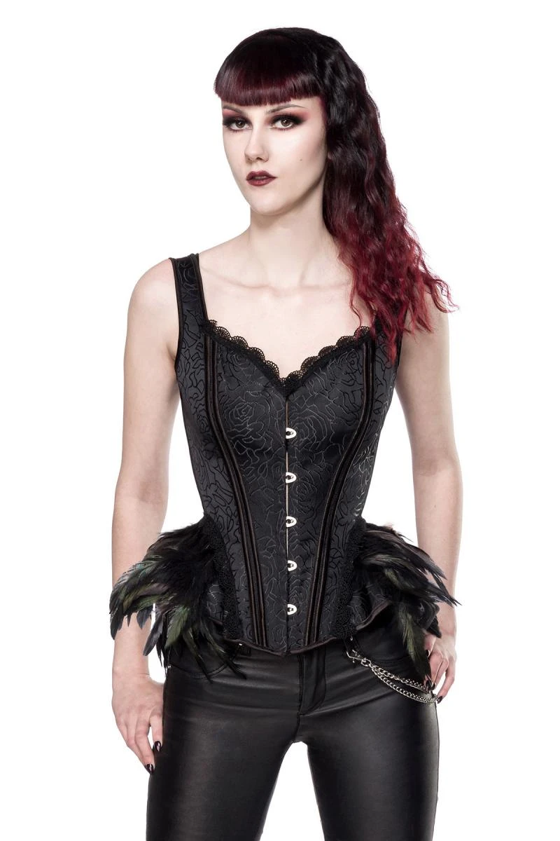 Ausgestelle Gothic-Corsage aus Brokat und Federn