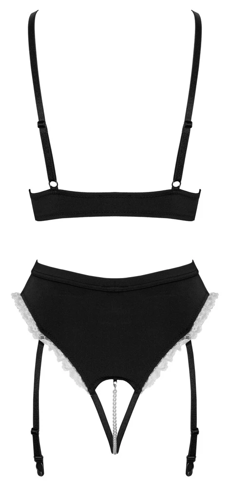 Servier-Set im 2-teiligen Dienstmädchen-Kostüm von Cottelli mit Ouvert-Bustier, Straps-String, Rüschen, Schleifchen und abnehmbaren verstellbaren Strapsen