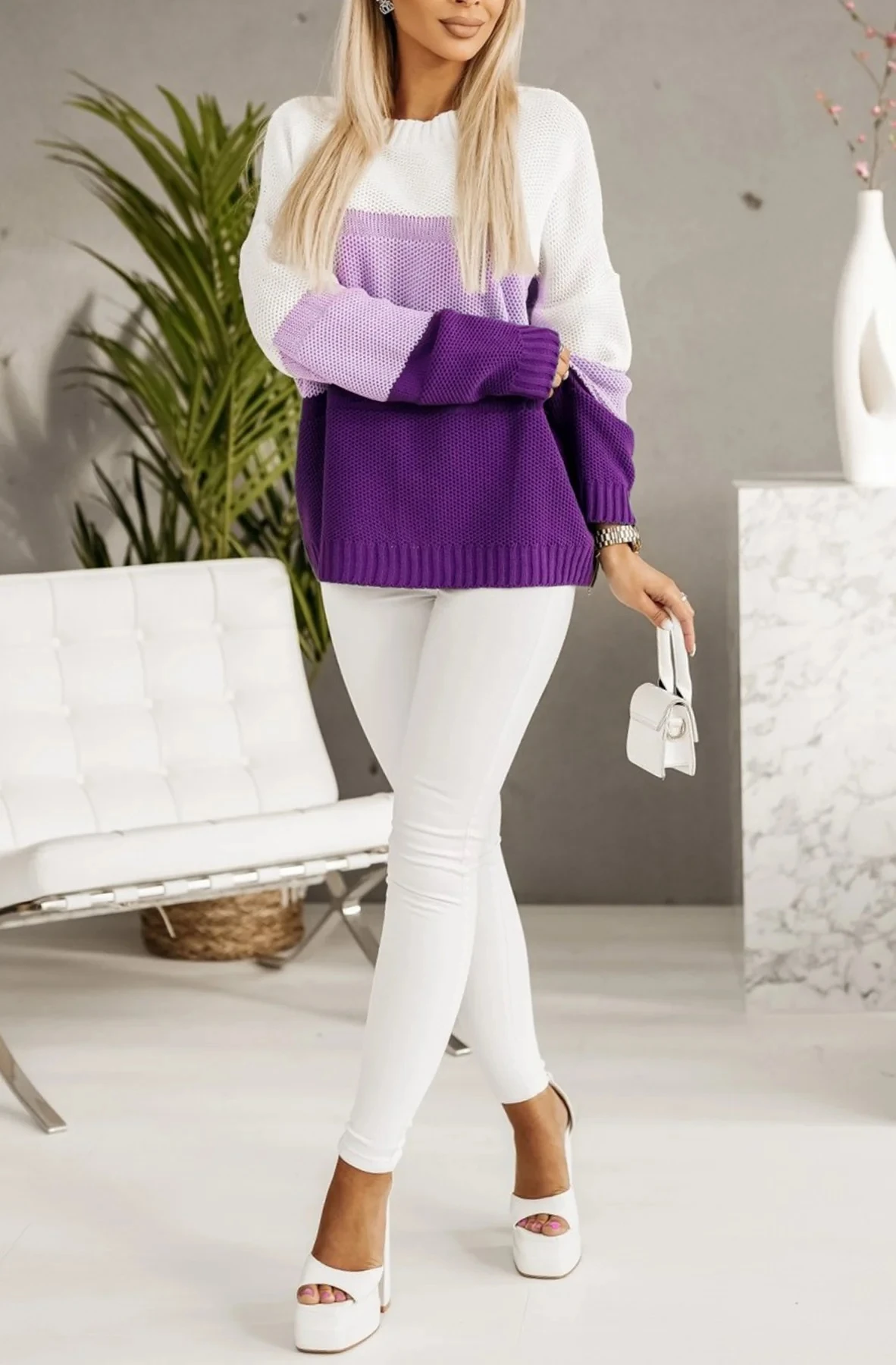 Striped Blockstreifen Grobstrick Rundhals Pullover