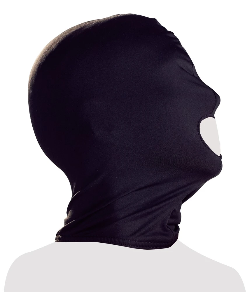 Schwarze, enganliegende Kopfmaske von Bad Kitty aus weichem Stretchmaterial mit Mundöffnung.