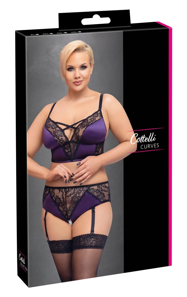 Cottelli Verführerisches Ensemble: Satin-Spitze Bralette mit ouvert-Slip und abnehmbaren Strapsen
