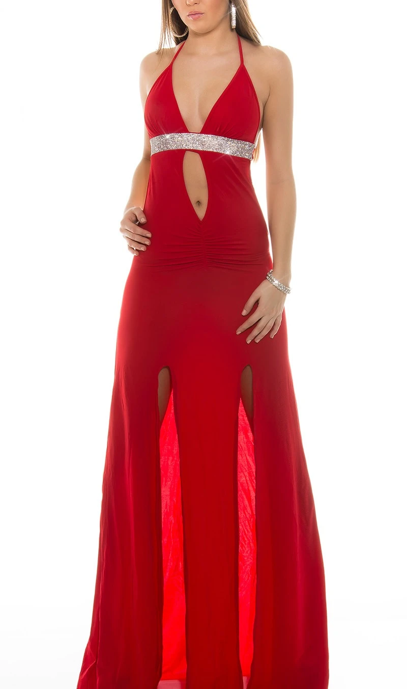 Hot Kleid bodenlang Beinschlitz Strass rückenfrei Neckholder