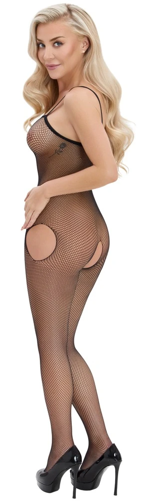 Fantasy by Cottelli Netz Catsuit ouvert mit Fuß, erotische Reizwäsche, offene Unterwäsche mit Hüft-Cut-outs, nahtlos