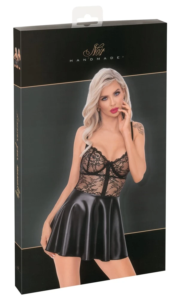Minidress aus Powerwetlook und Spitze, Spitzen-Oberteil für ein betörendes Dekolleté mit Wetlook Rockteil Minidress aus Powerwetlook und Spitze, Spitzen-Oberteil für ein betörendes Dekolleté mit Wetlook Rockteil