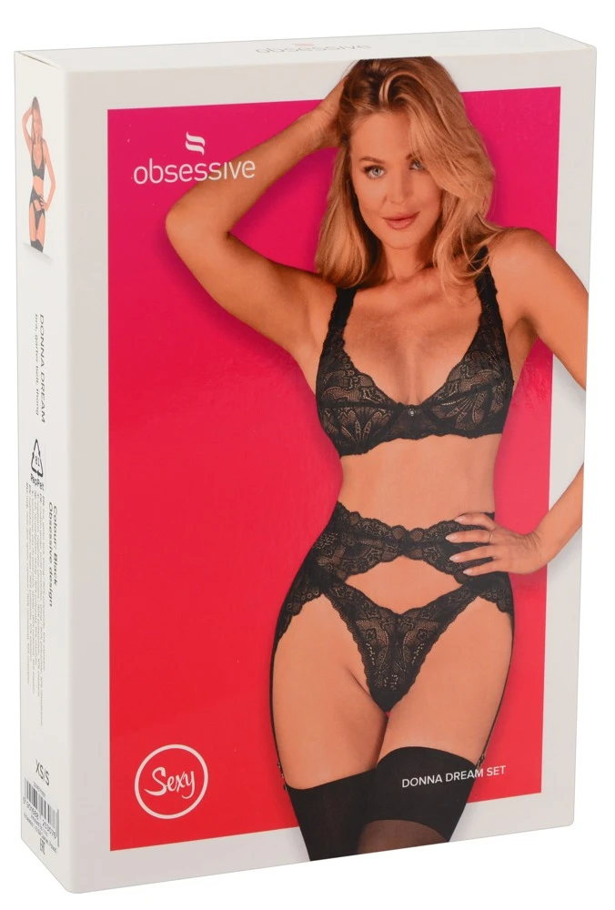 Obsessive 3-teiliges Dessous-Set Donna Dream von Obsessive bestehend aus Bügel-BH, Strapsgurt und Riostring in wunderschöner schwarzer Spitze.