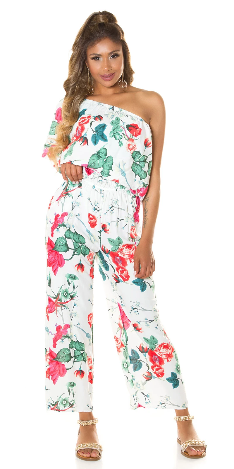 Rose Printed One Shoulder Maxi Marlene Viskose Jumpsuit mit Volant