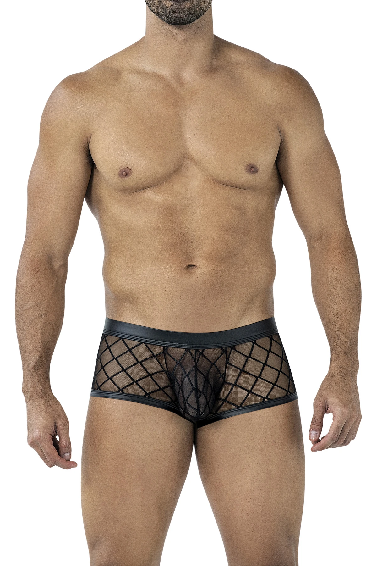 Schwarzer Trunk Shorts RAV110 aus dehnbarem Netz mit maskulinem Suspensorium, glattem Bund und dezentem Logo für einen markant-sexy CUT4MEN Look