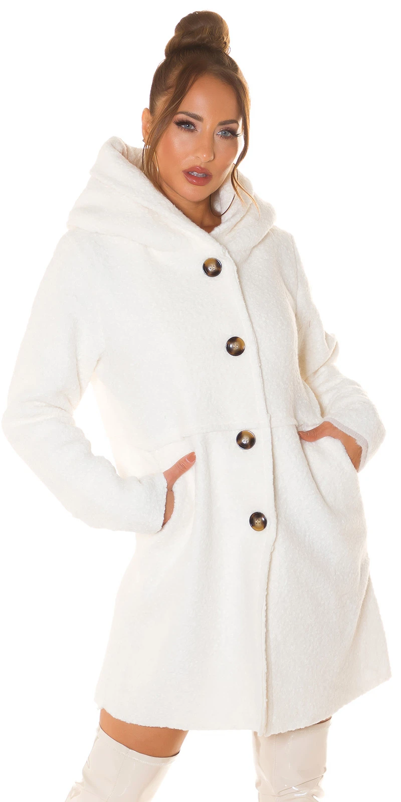 Chicer Unifarbiger Übergangs-Mantel mit Kapuze im Bouclé-Look, Jacke mit Kapuze Chicer Unifarbiger Übergangs-Mantel mit Kapuze im Bouclé-Look, Jacke mit Kapuze