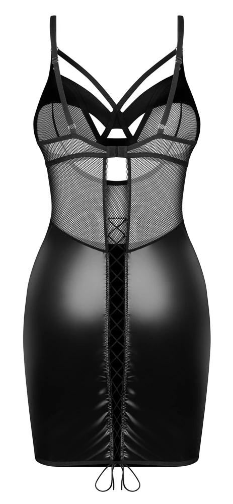 Set Dominna von Obsessive im mixstarken Zusammenspiel aus Wetlook und feinem Netz mit extravaganten Bügel-Cups und verführerischer Rückenschnürung