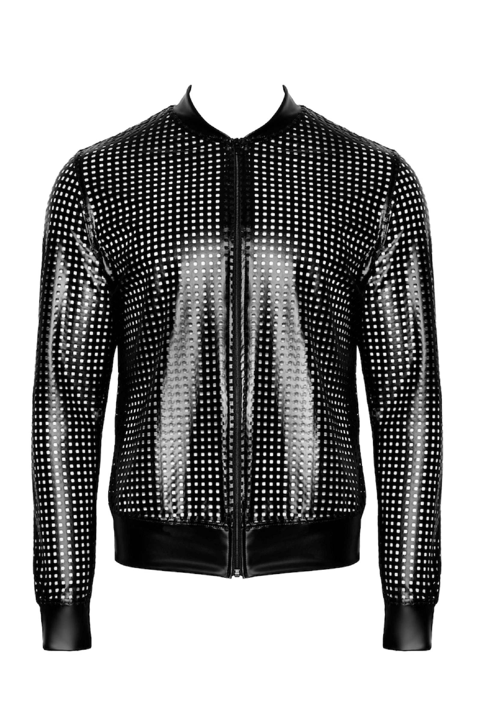 Mutige Männer Bomberjacke aus hochwertigem Power Wetlook mit perforiertem Design, Reißverschluss und elegantem Kragen für auffällige Looksschwarze Powerwetlook Jacke H076