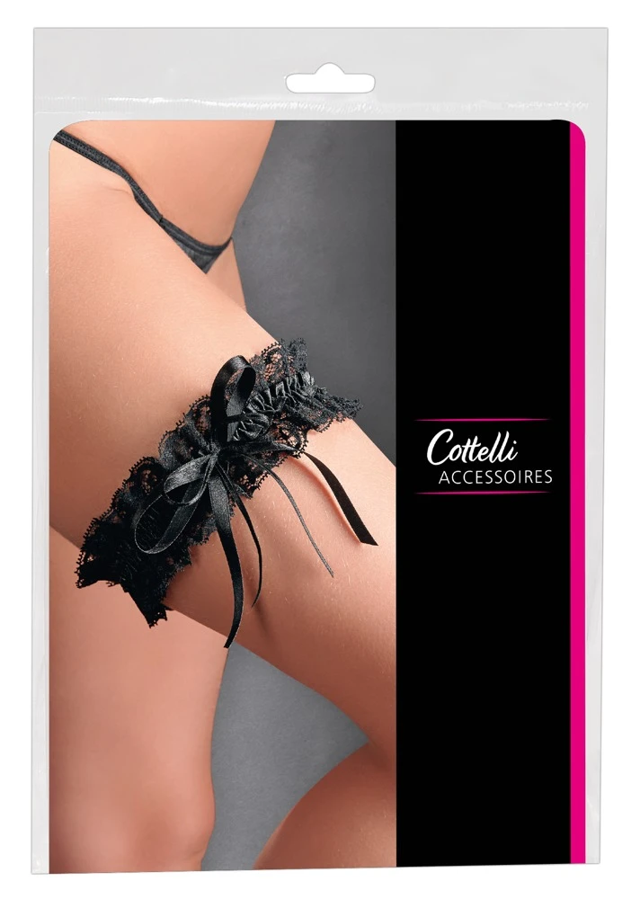 Cottelli Dehnbares Spitzen-Strumpfband mit Satinschleife, Erregender Schenkelschmuck, Strumpfband schwarz