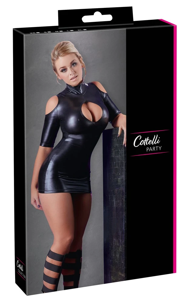 Cottelli PARTY Kurzes Wetlookleid Stehkragen schulterfrei Minikleid mit raffiniertem Dekollete
