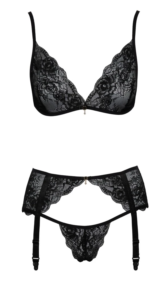 Kissable Soft-BH Strapsgurt und String Set aus schwarzer Spitze mit goldfarbenen Details sowie Schleifchen und funkelndem Glitzerstein