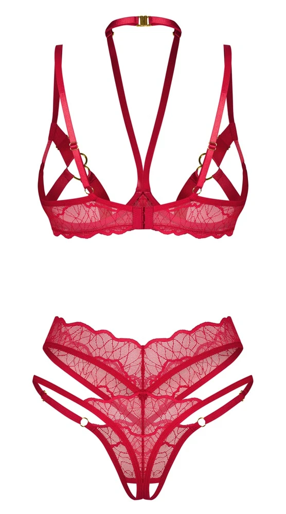Sinnliches Ouvert-Set Cupide Desir von Obsessive mit filigraner Spitze, goldfarbenen Details und verstellbaren Riemen