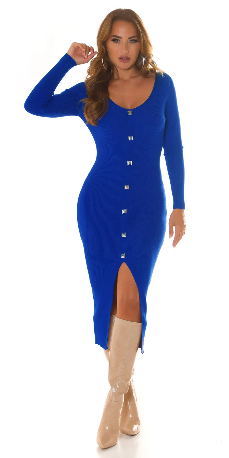 Midi Strickkleid figurbetont mit Deko Knopfleiste und Schlitz Midi Strickkleid figurbetont mit Deko Knopfleiste und Schlitz