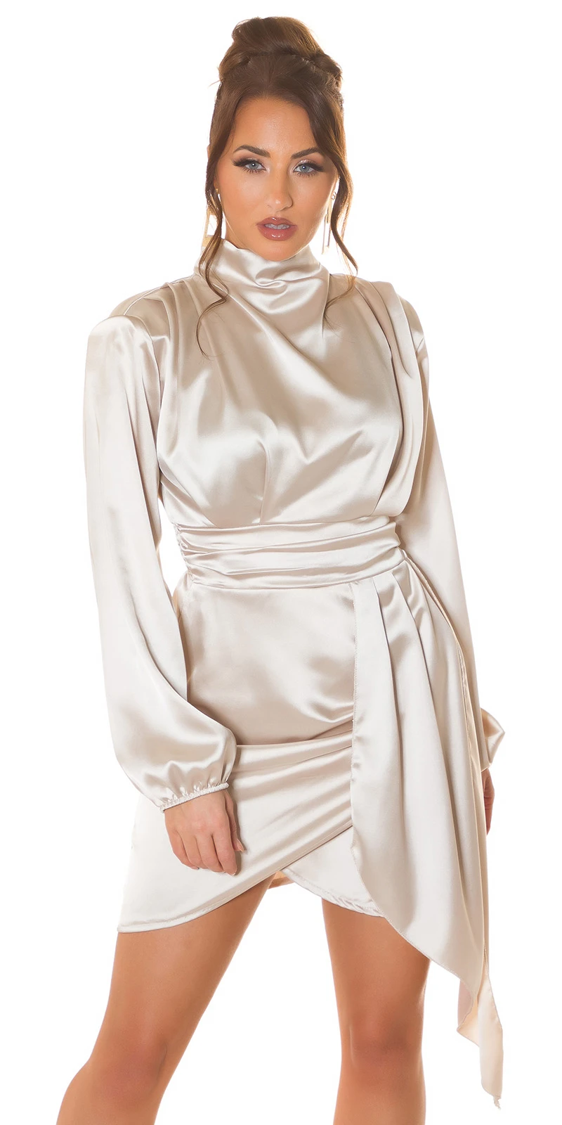 Damen Satin Minikleid Langarm Kleid Abendkleid mit Stehkragen Damen Satin Minikleid Langarm Kleid Abendkleid mit Stehkragen