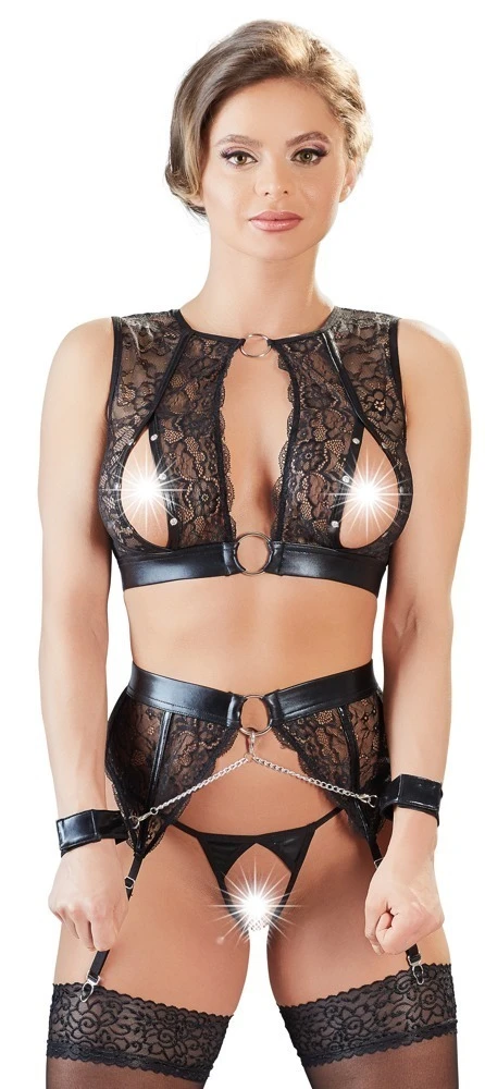 Cottelli verführerisches 3-teiliges Set aus Wetlook und Spitze mit Klettverschluss-Handfesseln