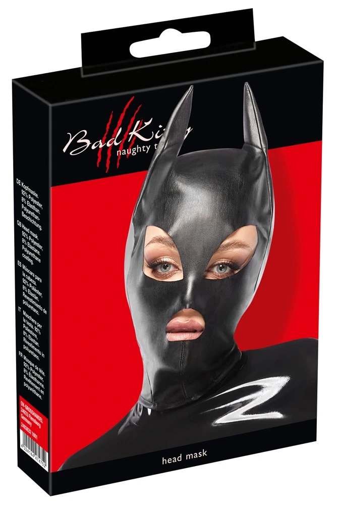 Kopfmaske, Kinky Kopfmaske im Cat/Batwoman-Look aus Lederimitat mit spitzen Ohren und Öffnungen für ein aufregendes Rollenspiel Kopfmaske, Kinky Kopfmaske im Cat/Batwoman-Look aus Lederimitat mit spitzen Ohren und Öffnungen für ein aufregendes Rollenspiel