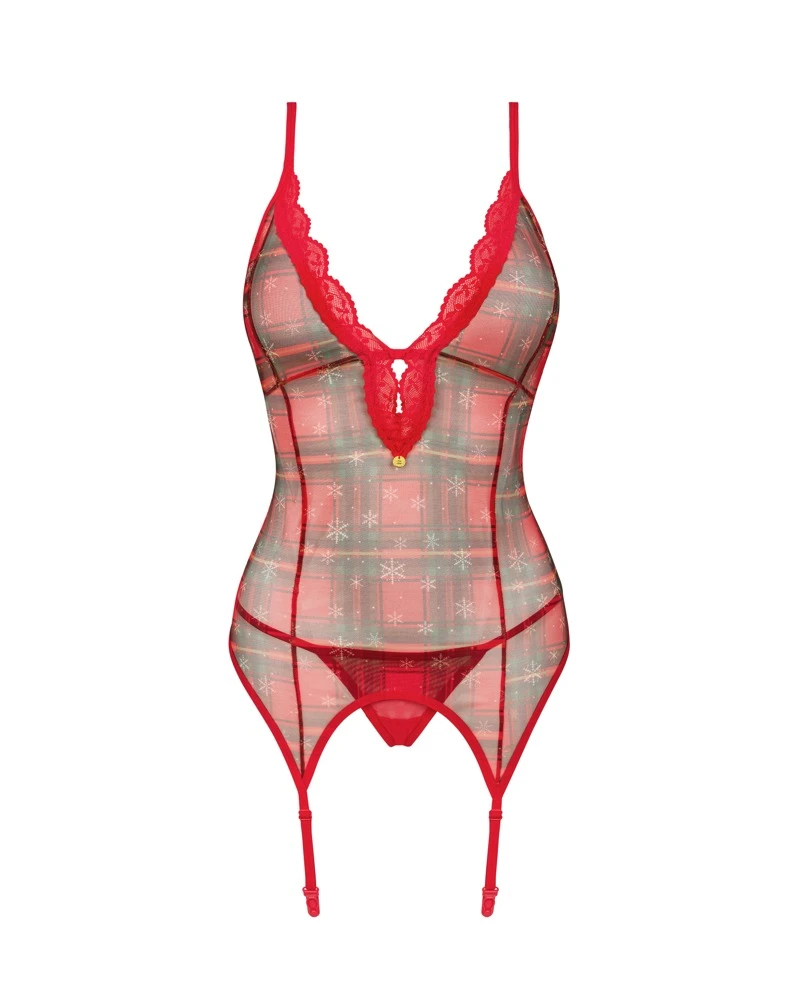 Verführerisches Reizwäsche Karo-Strapshemd mit Schneeflocken und roter Spitze, Set mit String, Lingerie verstellbaren Trägern und Strapsen
