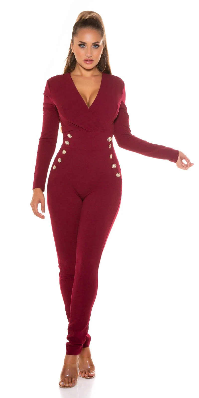 Business Wickel V-Neck Maxi Jumpsuit mit Deko Knöfpe Business Wickel V-Neck Maxi Jumpsuit mit Deko Knöfpe