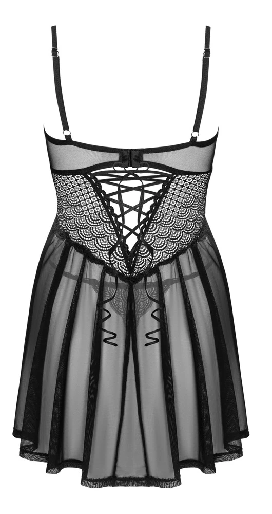Obsessive kurzes Babydoll und String im schwarz-transparentem Set. Oberteil aus effektvoller Spitze mit leicht gepolsterten Bügel-Cups.