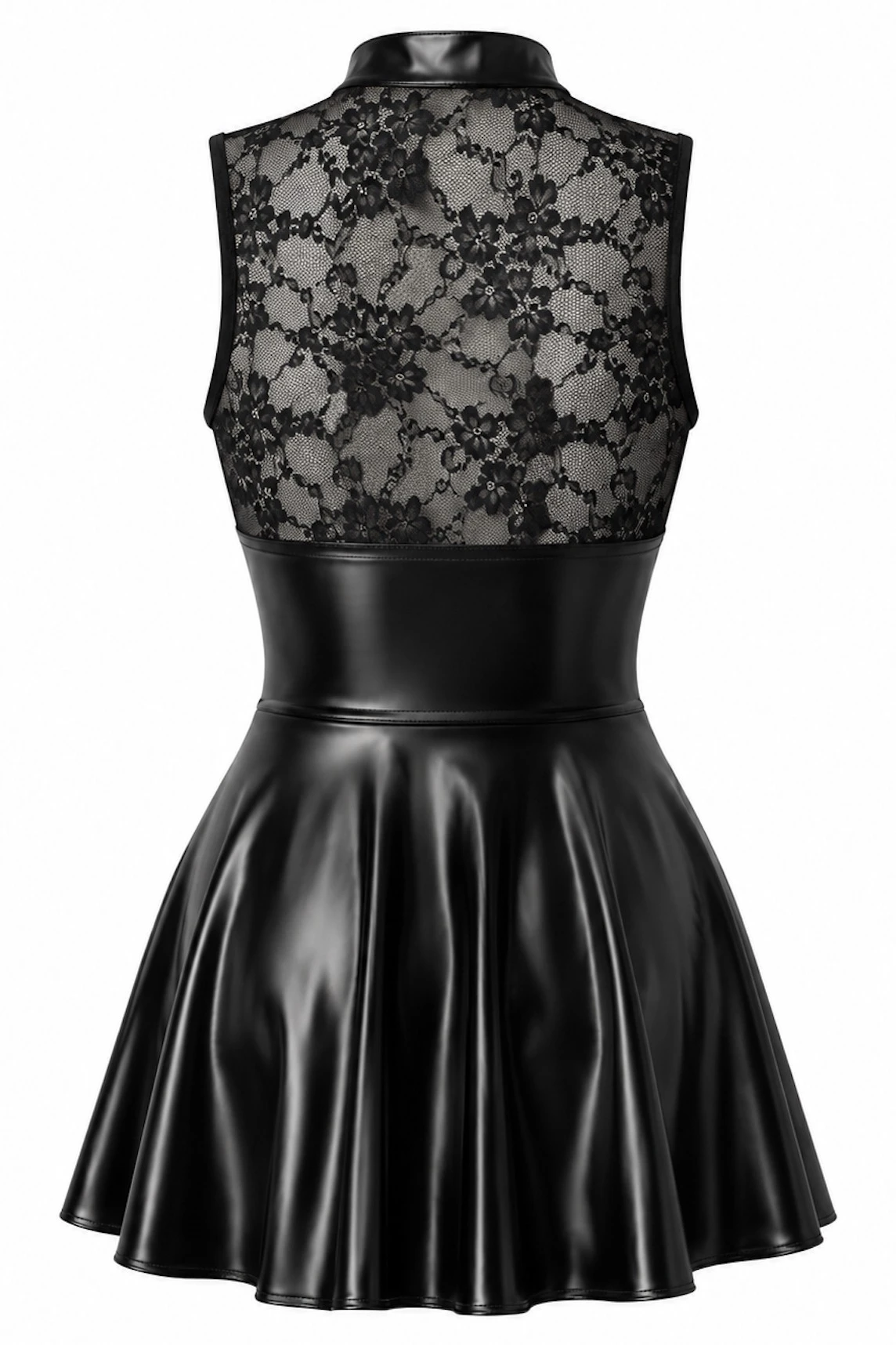 Kinky Minikleid aus Spitze und Powerwetlook - Noir Handmade F404 One More Kiss - sexy Schwarz mit Stehkragen und Zwei-Wege-Reißverschluss