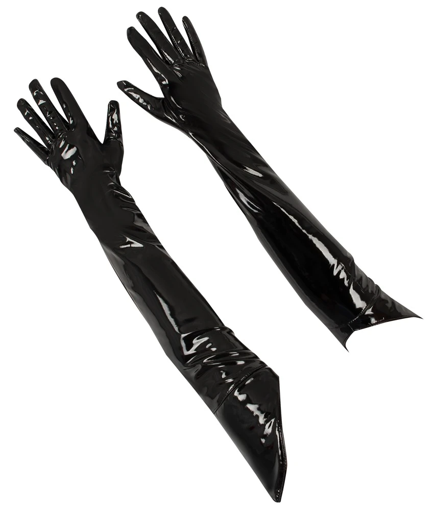 Extra lange Handschuhe von Black Level komplett im schwarzen Lackglanz. Bequemer Sitz an den Bündchen spitz zugeschnitten.