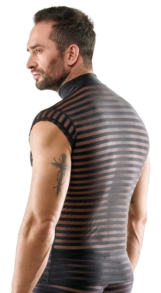 Herren Shirt Svenjoyment Shirt schwarz transparent mit Stehkragen – maskuliner Querstreifen-Look, figurbetont und elastisch