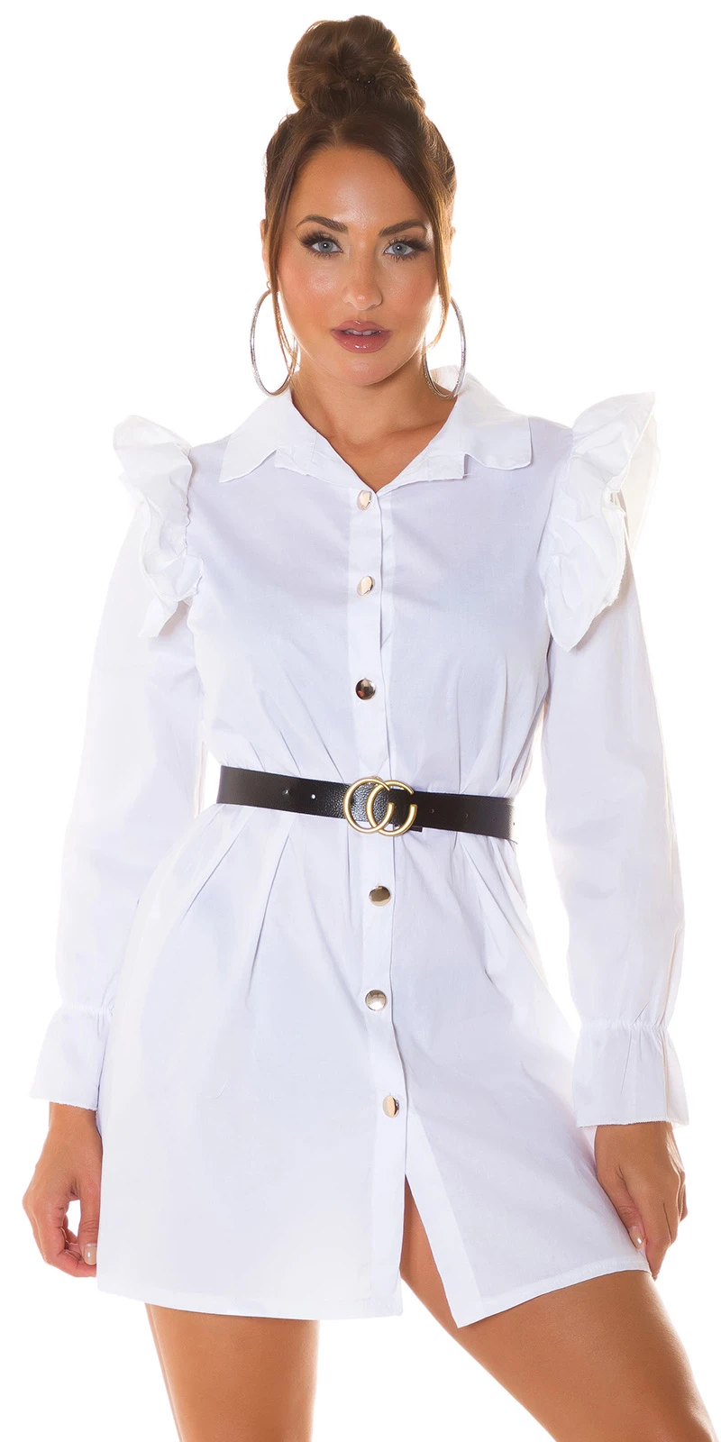 Casual Langarm Blusen Kleid mit Rüschen und Gürtel Casual Langarm Blusen Kleid mit Rüschen und Gürtel