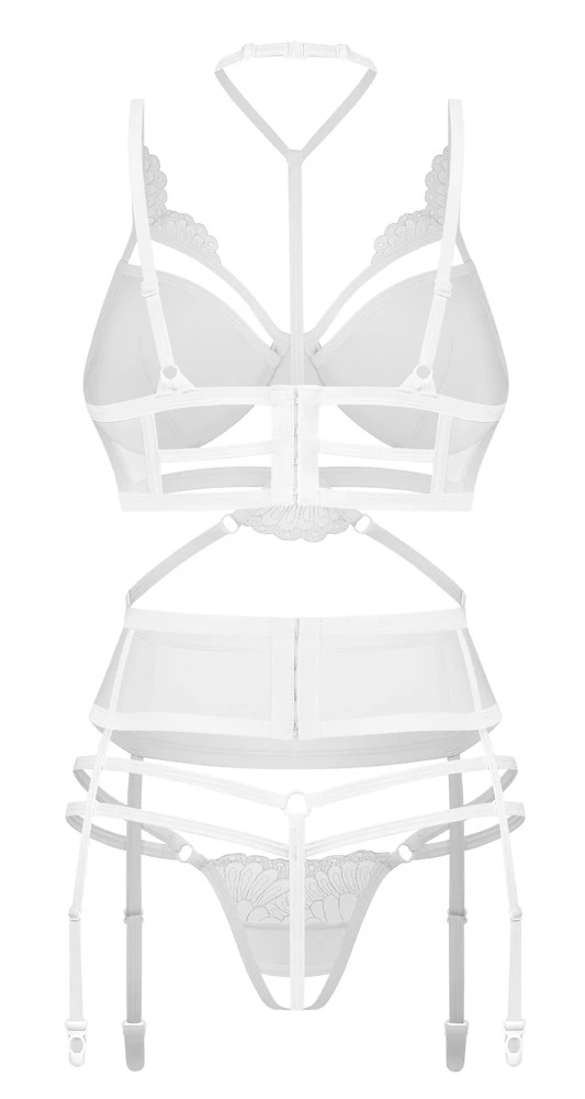 Obsessive Set Premisis Bügel-BH Strapsgürtel und Ouvert-String in schwarzer Spitze mit verstellbarem Choker-Halsband