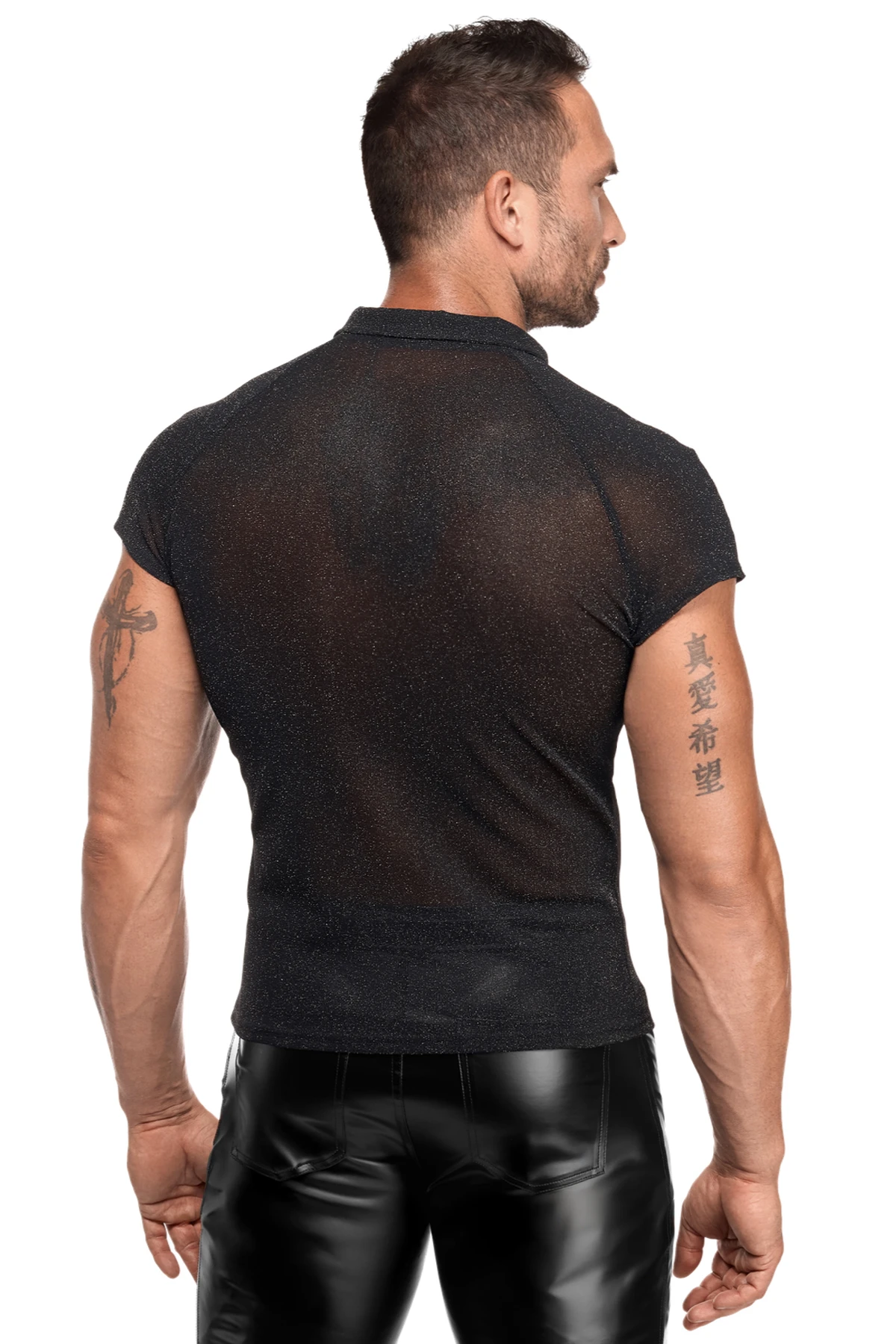 Feinnetz Polo-Shirt H082 aus transparentem, dehnbarem Netzmaterial mit silbernem Schimmer, markantem Stehkragen und Dreiknopfdetail für einen modernen, körperbetonten Look Noir Handmade Men