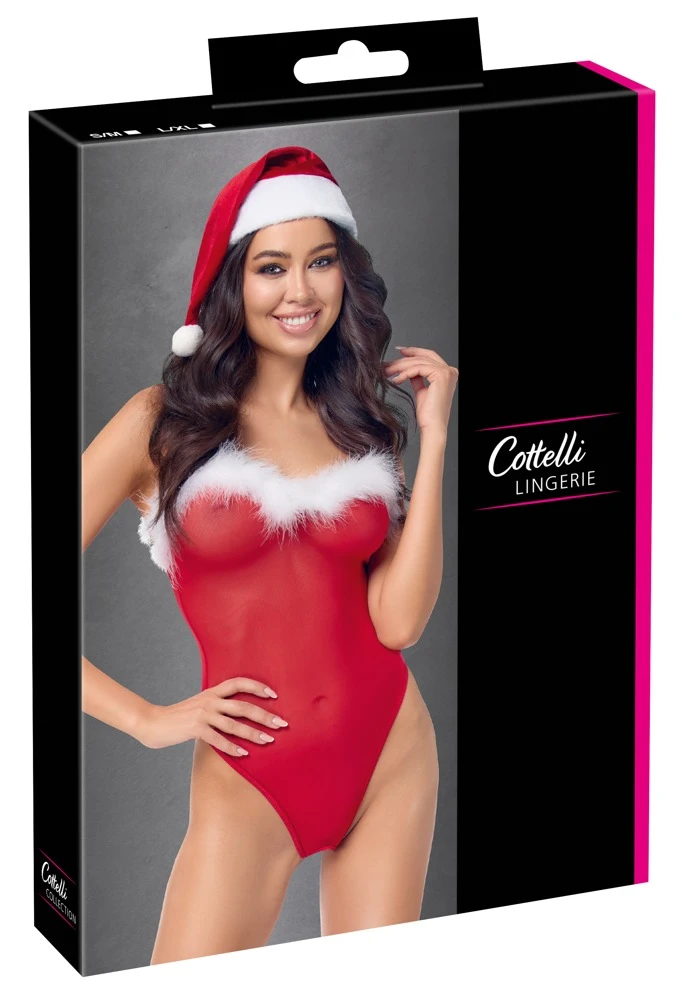 X-Mas Body und Mütze S/MStringbody & Weihnachtsmütze im Set aus rotem Powernet mit weißem Federbesatz und frecher Rückenansicht für sinnliche Festtage