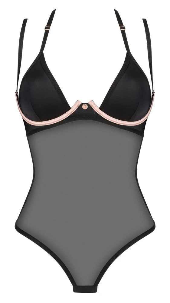 Obsessive Schwarzer eleganter Body Selinne aus feinem weichen Stretch-Netz. Blickdichte Cups aus softer Mikrofaser mit Cup-Bügeln in Kontrastfarbe Rosa.