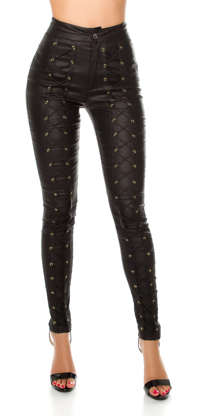 Highwaist Lederlook Hose Zier-Schnürung Leggings