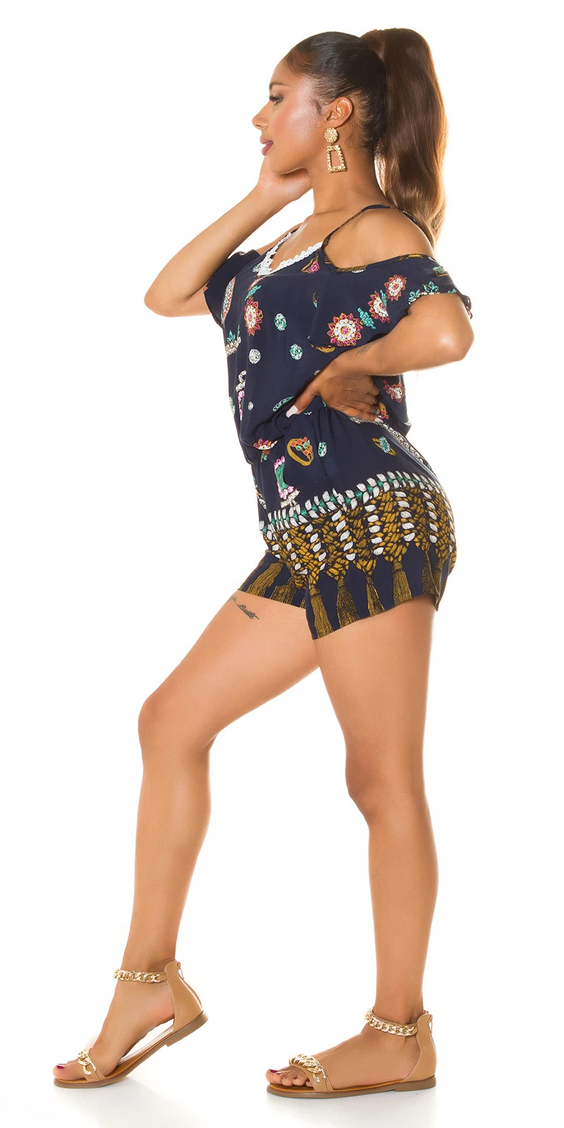 Cold Shoulder Summer Hotpants Träger Jumpsuit mit Print Cold Shoulder Summer Hotpants Träger Jumpsuit mit Print