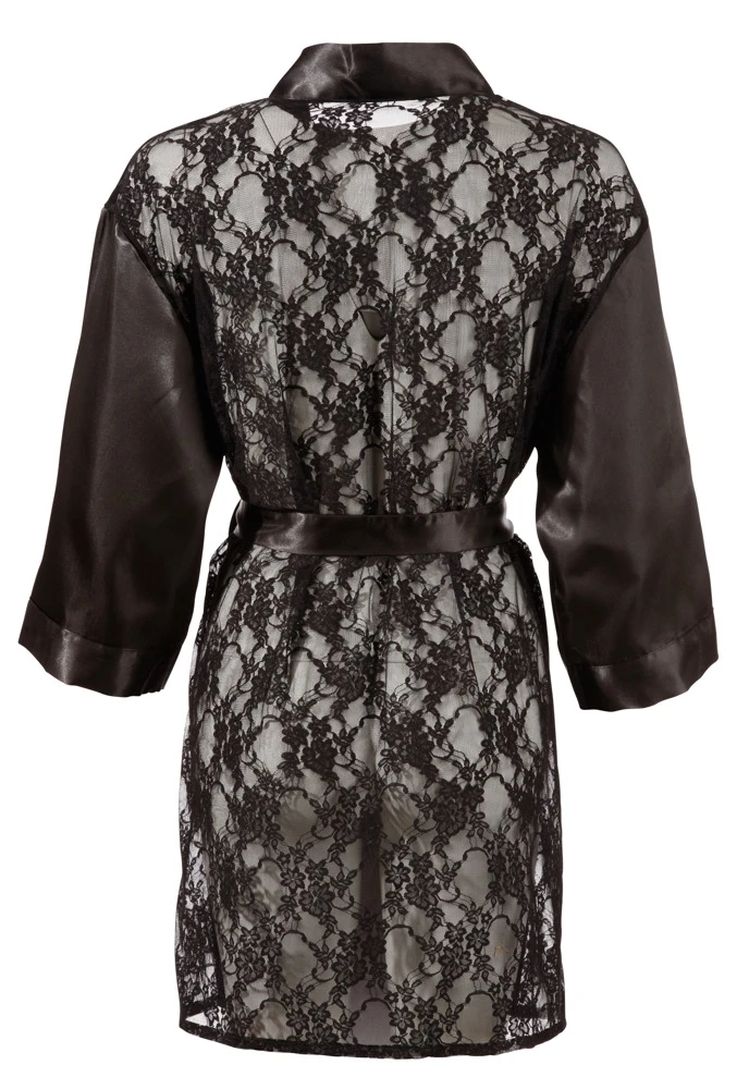 Cottelli LINGERIE Langarm Satin Look Kimono mit Spitze und Gürtel  Morgenmantel